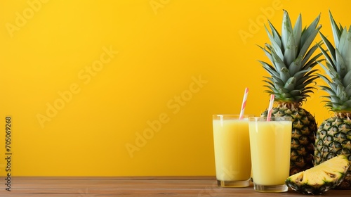 Refreshing pineapple juice in glass on wooden table with soft yellow background for text placement