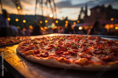 Pizza de Pepperoni at an outdoor music festival in Verona, with dancing crowds., generative IA