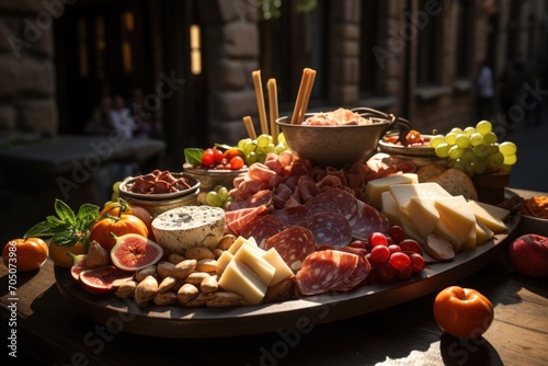 Cheese board and Italian ham in a historic square of Florence, with Renaissance statues and architecture., generative IA