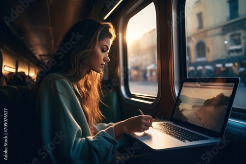 beautiful female freelancer working on laptop in a train sitting near window. Digital nomad. Work on the move, modern fast living lifestyle.