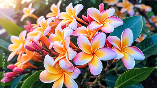 Plumeria, a tropical beauty, popular in Hawaii. A captivating stock photo capturing the allure of blooming flowers for a touch of paradise