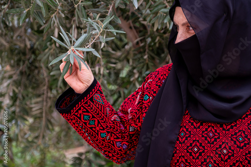 Portrait for woman wearing traditional clothes in refugee camp behinde olive tree