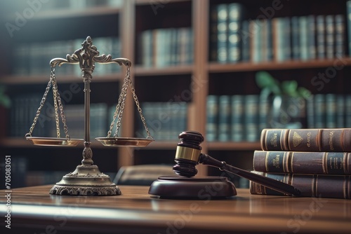 A classic legal office setting with a balance scale, gavel, and law books on a wooden desk.