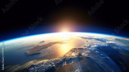 Earth as seen from space, Sunrise view of the planet Earth from space over the horizon, sun reflected on an ocean