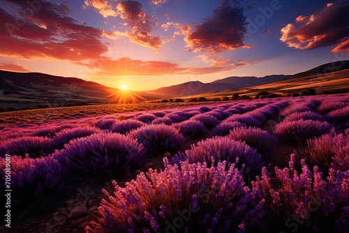 Beautiful lavender field with long purple rows at sunset in France, Generative AI