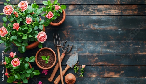 Mini Roses in ceramic flower pots and gardening tools with free space for text, Mini Roses, Gardening, Spring, Top View, 