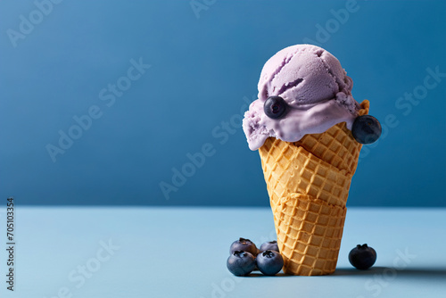 A stunning view of a blueberry-lemon swirl ice cream cone with blueberries. (Generative AI)