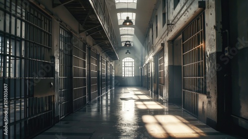 A long hallway inside a jail cell building. Suitable for crime and justice-related projects