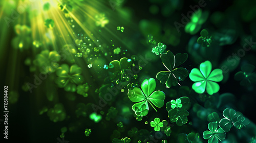 St. Patrick's Day abstract green background decorated with shamrock leaves. Generative AI
