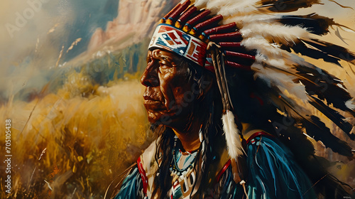 Native American Chief in Traditional Headdress with Landscape Background