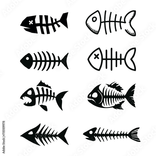 Set of dead fish silhouettes. Fish skeleton