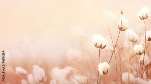 Beautiful meadow with wild grass and cotton flower soft peach fuzz background 