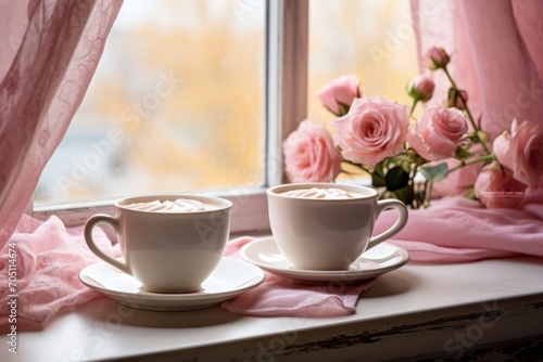 two cups of coffee with roses flowers with beautiful view. Romantic card Valentines Day February 14.