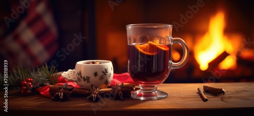 Cozy winter scene with mulled wine and fireplace. Seasonal comfort and warmth