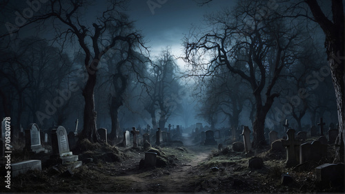Creepy cemetery in the forest at night