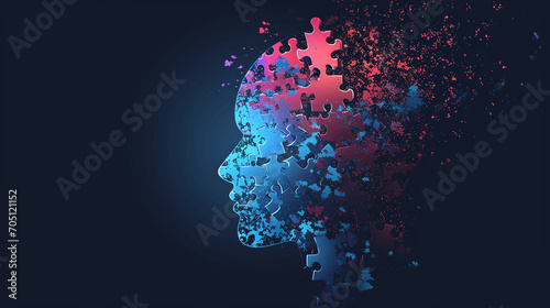 Human head profile and jigsaw puzzle, cognitive psychology or psychotherapy concept, mental health, brain problem, personality disorder, vector line design,