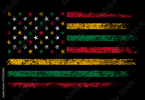 Black history month celebration. grunge American flag in black history flag colors. African Americans & the Arts theme