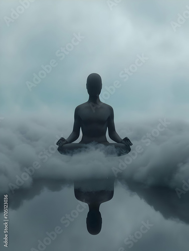 A faceless black silhouette being meditating in clouds. High-resolution
