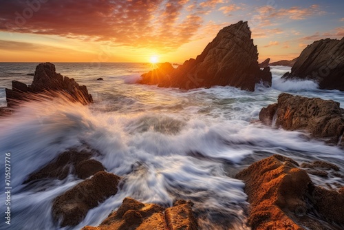 A serene seascape with waves crashing on rocks. Generative AI