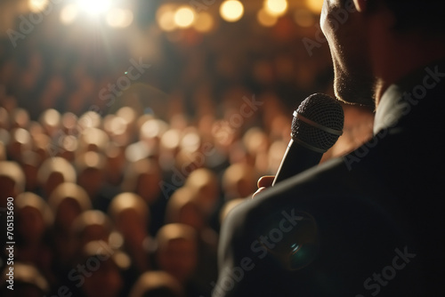 Close-up of a man holding a microphone and speaking on stage in front of people listening, public speaking
