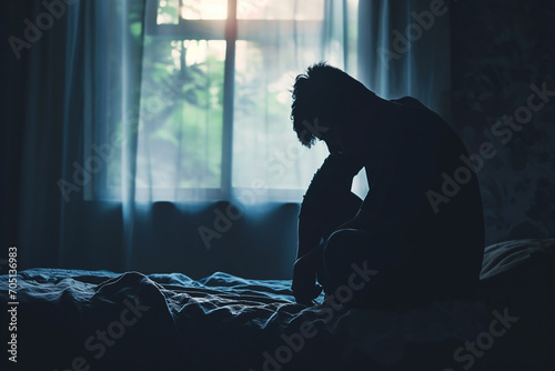 Silhouette of a depressed man sitting sadly on the bed in the bedroom