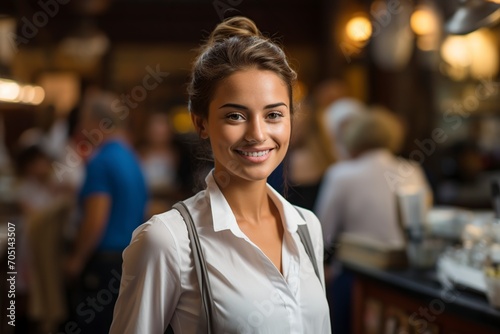 smiling and attractive saleswoman and cashier at work