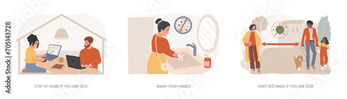Covid19 outbreak isolated concept vector illustration set. Stay at home, wash your hands, keep distance, hand sanitizer, self protection, wear mask, distance working, home office vector concept.