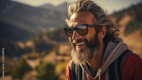A bearded, energetic, and cheerful old hipster dude is standing with a skateboard in a nature park. A mature traveler who enjoys extreme activities and a free spirit against the backdrop of mountains 