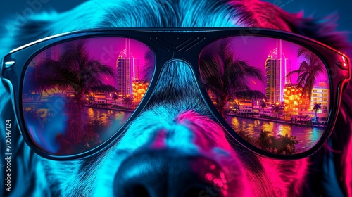 Trendy dog with mirrored sunglasses. Cool vacation vibes. Trendy fashionable neon colors.