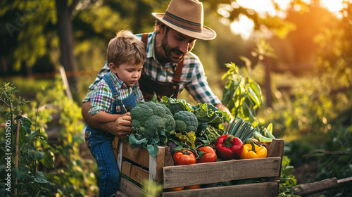 a farmer and his son hold a box with freshly picked vegetables