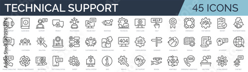 Set of 45 outline icons related to technical support. Linear icon collection. Editable stroke. Vector illustration