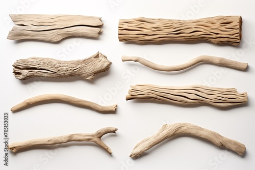 Assorted driftwood on blank backdrop. Separated. Cropped.