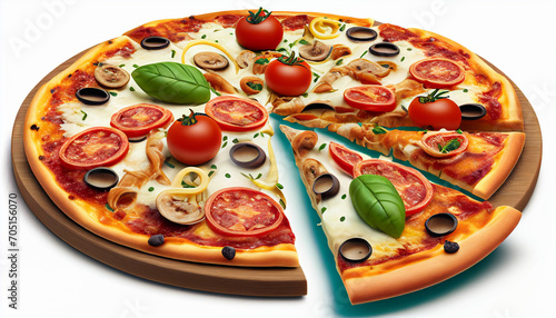 Combine pizza and tomato slices. isolated mushroom olive on a white background