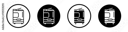 Office printer icon set. Multifunction Printing Machine vector symbol in a black filled and outlined style. Big photocopier and printer sign.