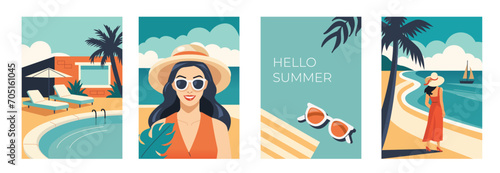 Summer holidays, travel and vacation concept set. Collections of retro style posters with beautiful woman wearing sunglasses and hat, seaside landscape, swimming pool. Vector illustration.