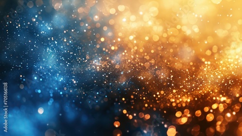 Luxurious background showcasing a blend of golden and blue tones, embellished with sparkles. 