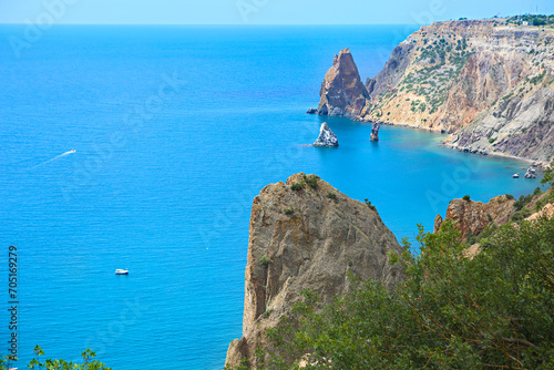 Beauty nature sea landscape of Crimea, horizontal photo. Panoramic view of Fiolent cape