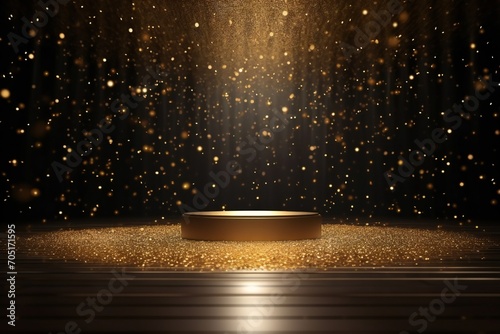 Golden confetti rain on festive stage with light beam in the middle, empty room mockup with copy space for award ceremony Generative AI
