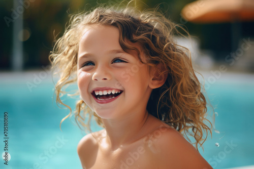 A portrait of an excited, laughing girl in a swimming pool, enjoying a summer vacation.