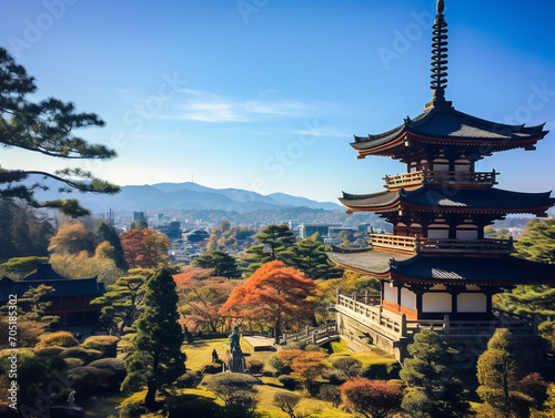 Traditional Japanese pagodas standing against a breathtaking scenic backdrop of nature, identified as 00100 01 rl.