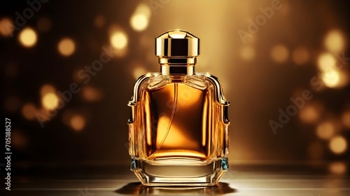 International Fragrance Day March 21. Closeup luxury designed Perfume bottle on black and gold background with copy space for text. Product Photography concept. Perfume bottle luxury design for logo