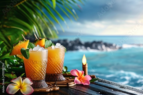 Tropical Tiki Bar Scene with Ocean View
