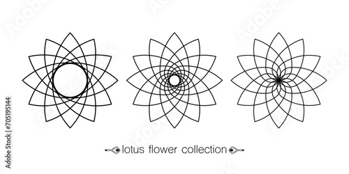 Lotus flower set collection, floral mandala, stylized circular ornament, line art floral logo tattoo. Flower blossom symbols of yoga, spa, beauty salon, cosmetics, relax, brand style. Vector isolated