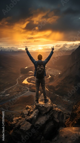 Man celebrating success on top of a mountain