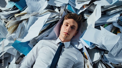 Tired office worker sleeps at the workplace on a pile of documents. The concept of workaholism and overtime that leads to exhaustion. Illustration for banner, poster, cover, brochure or presentation.