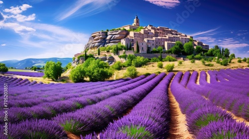blossoming lavender fields, rows, and Provencal houses—an iconic view in summer