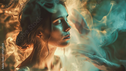 A beautiful young woman is captivated by a mystical spell, surrounded by ethereal wisps of smoke