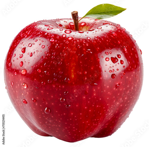 Dojrzałe pojedyńcze jabłko zroszone kroplami wody na przezroczystym tle.