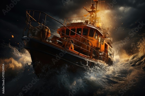 Rescue boat faces agitated waves on aquatic mission., generative IA