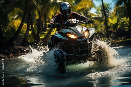 Jet skiing cutting waters between paradisiacal tropical islands. Adventure at high speed in the lush nature., generative IA